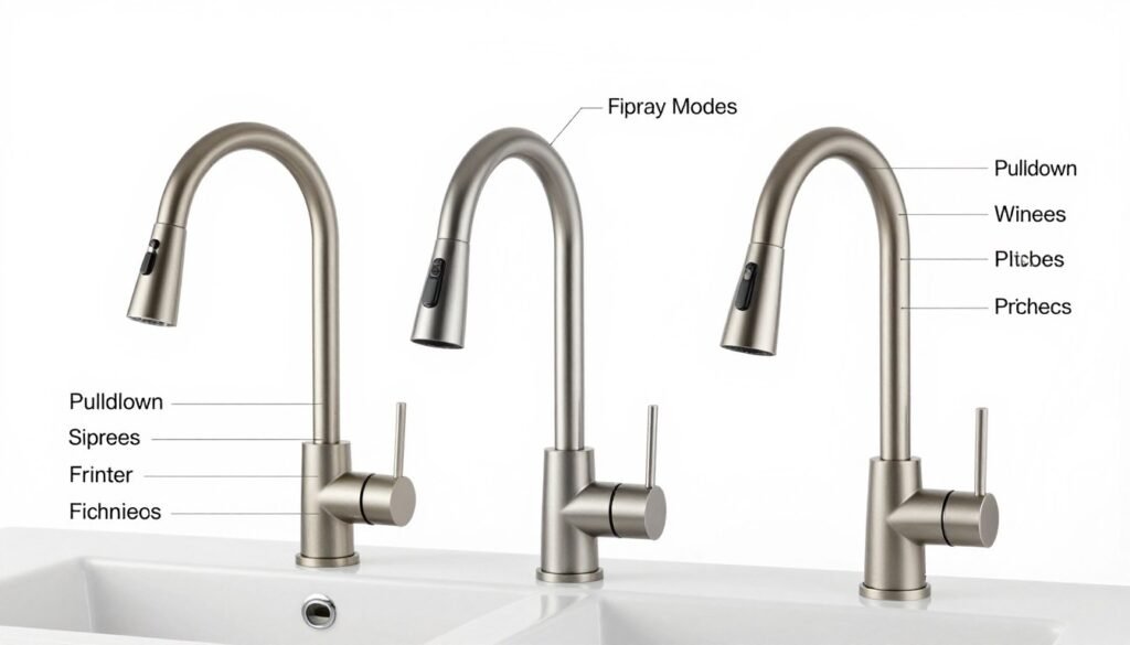 Comparison of different pulldown sprayer kitchen sink faucets with feature callouts