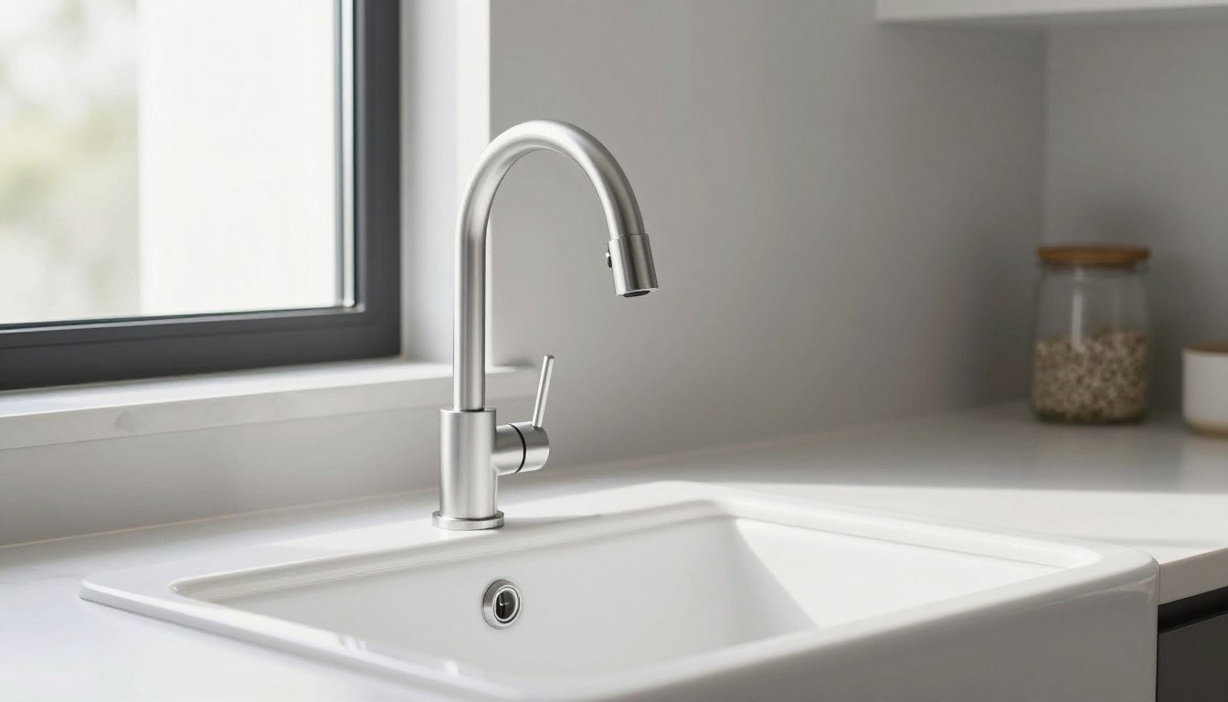 Modern kitchen with pulldown sprayer faucet installed over a farmhouse sink