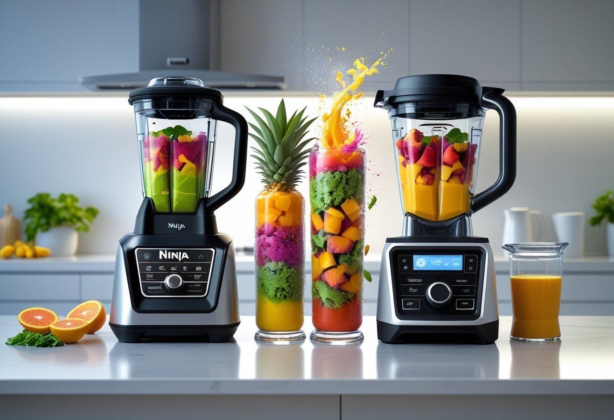 Two blenders, a Ninja Professional and a Vitamix Ascent X5, side by side on a kitchen counter blending colorful fruits and vegetables.