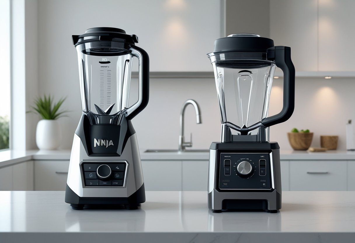 Two professional blenders placed side by side on a kitchen countertop, showing their design and build quality.