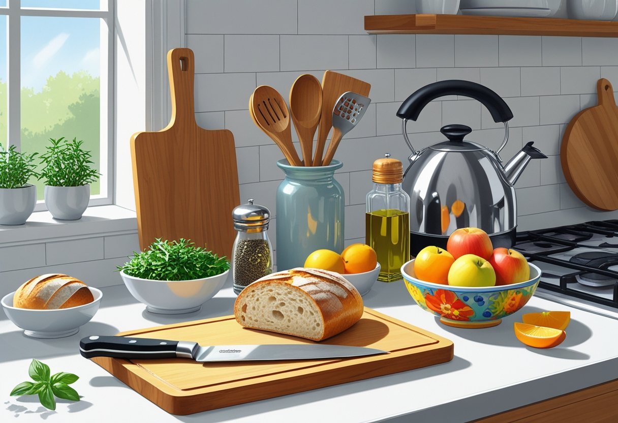 A kitchen countertop with daily essentials including a cutting board with a knife, salt and pepper shakers, cooking utensils in a jar, a kettle, fresh herbs, olive oil, sliced bread, and a bowl of fruit.