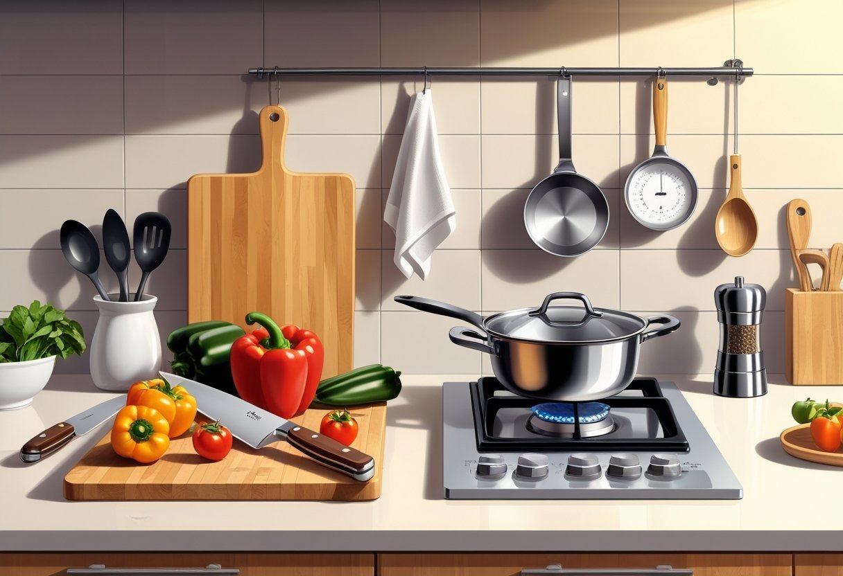 A kitchen countertop with essential cooking tools including a chef's knife, cutting board with vegetables, saucepan, wooden spoon, measuring cup, salt and pepper grinders, and a kitchen timer.