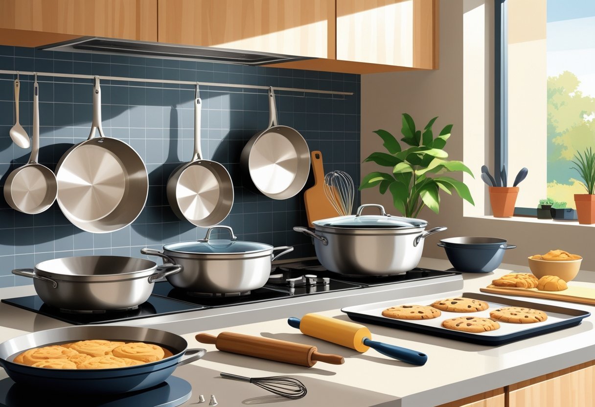 A kitchen countertop with various cookware and bakeware items including pots, pans, a mixing bowl, whisk, rolling pin, baking tray with cookies, and measuring cup.